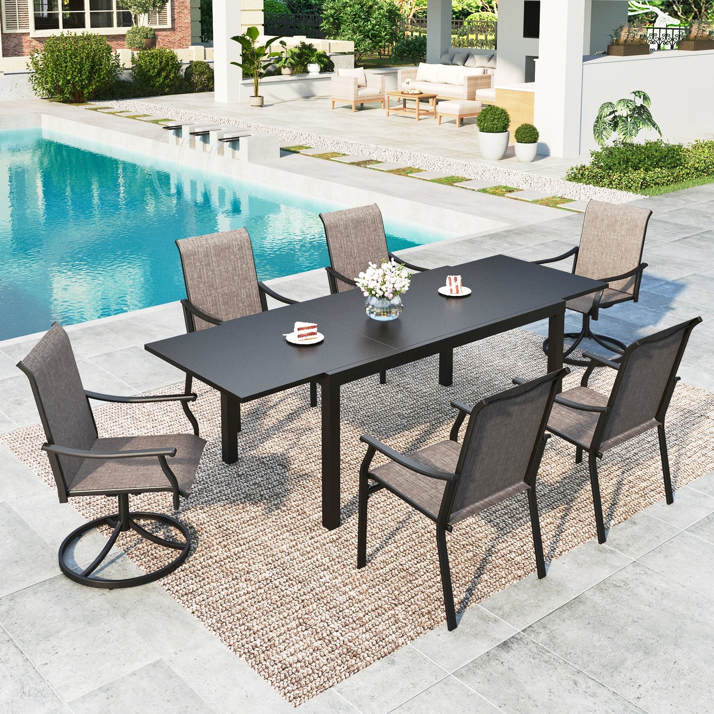 Summit Living 7-Piece Textilene Outdoor Patio Dining Set with 2 Swivel Chairs, 4 Fixed Chairs & 99" Large Extendable Table for 6-8 Person, Grayish-brown