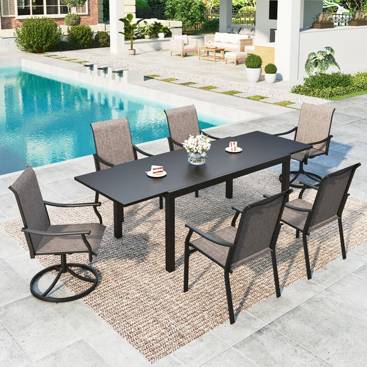 Summit Living 7-Piece Textilene Outdoor Patio Dining Set with 2 Swivel Chairs, 4 Fixed Chairs & 99" Large Extendable Table for 6-8 Person, Grayish-brown