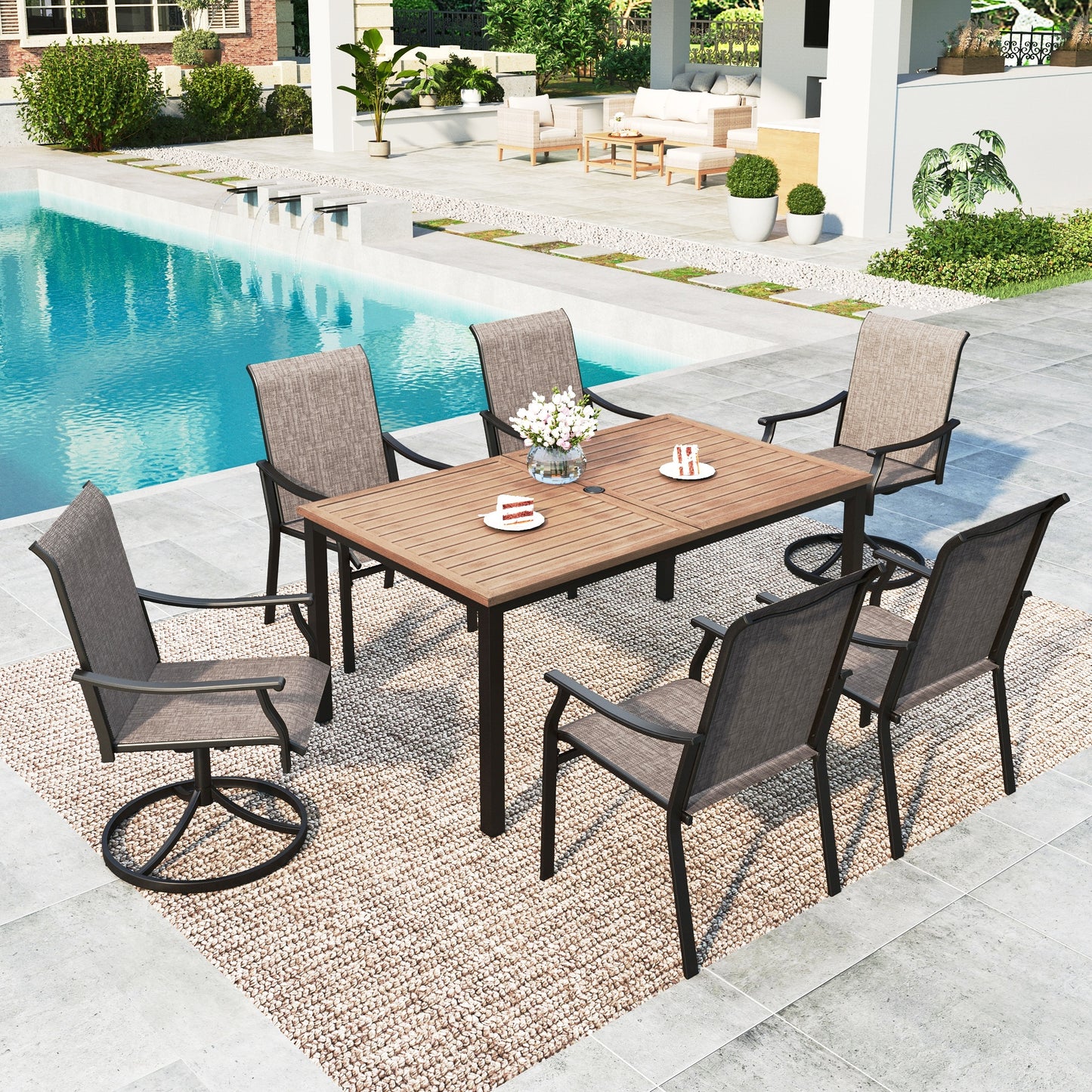 Summit Living 7-Piece Outdoor Patio Textilene Dining Set with 2 Swivel Chairs, 4 Fixed Chairs & Wood-Grain Top Table with Umbrella Hole, Outdoor Dining Furniture for 6 People
