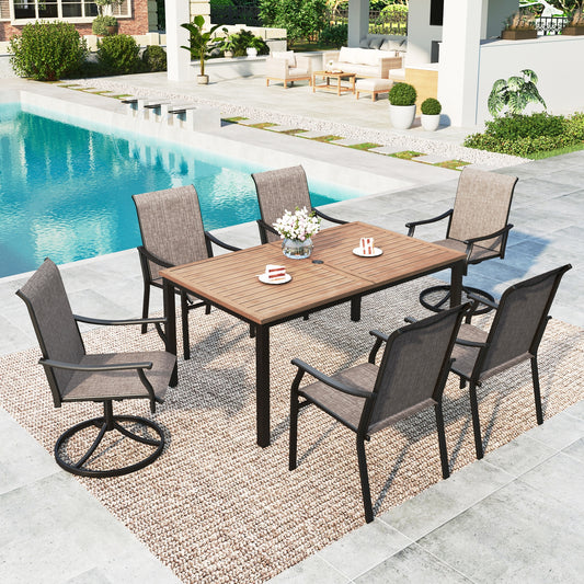 Summit Living 7-Piece Outdoor Patio Textilene Dining Set with 2 Swivel Chairs, 4 Fixed Chairs & Wood-Grain Top Table with Umbrella Hole, Outdoor Dining Furniture for 6 People
