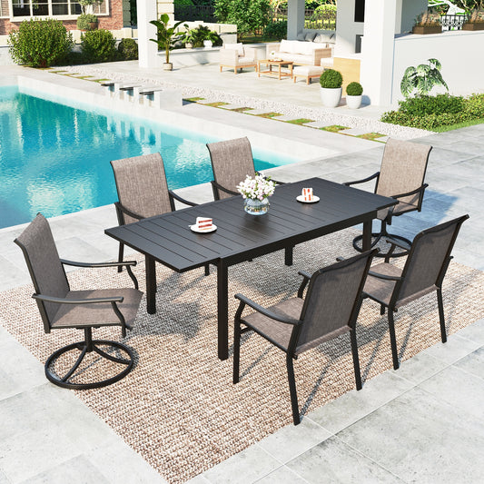 Summit Living 7-Piece Textilene Outdoor Patio Dining Set with 2 Swivel Chairs, 4 Fixed Chairs & Steel Extendable Table for 6-8 Person, Black & Grayish-brown