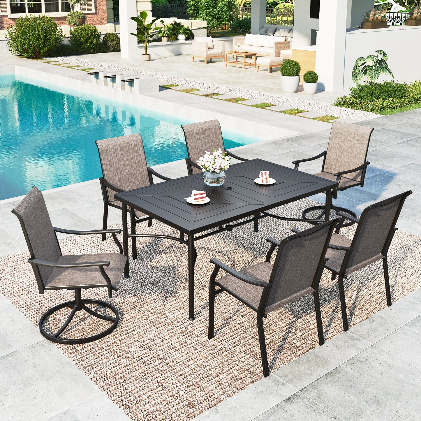 Summit Living 7-Piece Outdoor Patio Textilene Dining Set with 2 Swivel Chairs, 4 Fixed Chairs & 64" Rectangle Steel Table with Umbrella Hole for 6 Person, Black & Grayish-brown