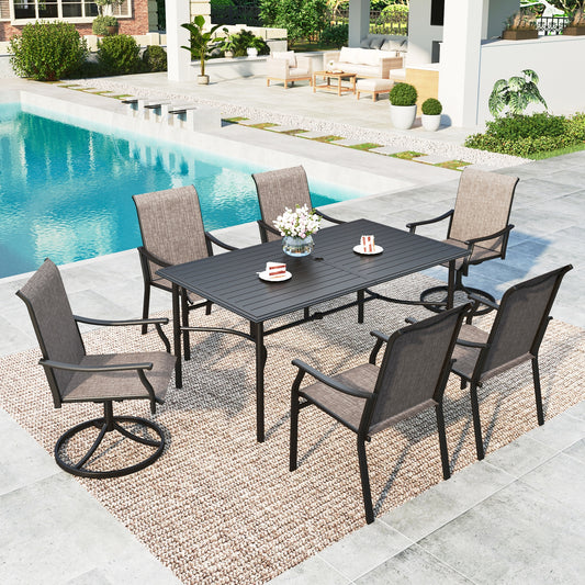 Summit Living 7-Piece Outdoor Patio Textilene Dining Set with 2 Swivel Chairs, 4 Fixed Chairs & Rectangular Table with Umbrella Hole, Patio Dining Furniture for 6 People