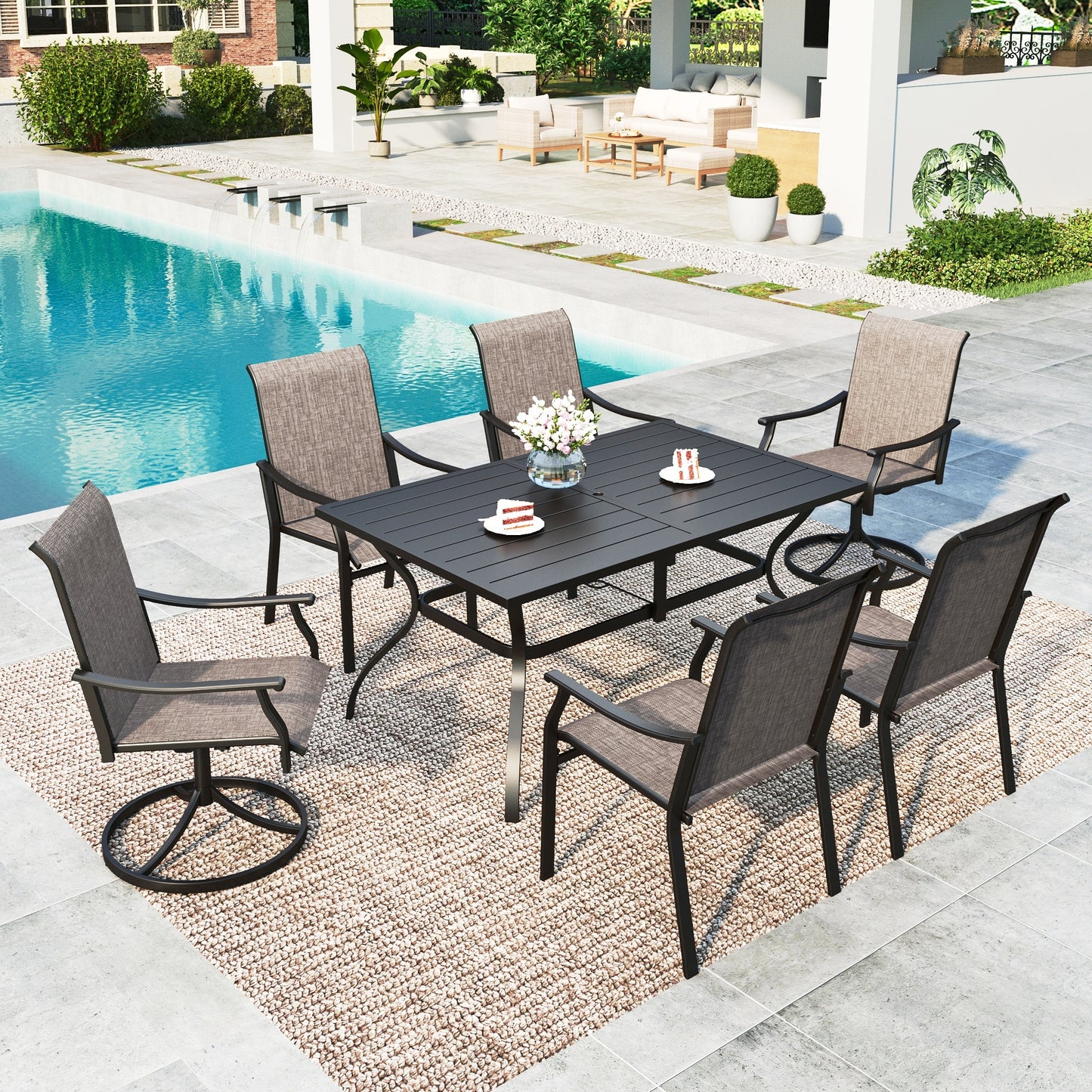Summit Living 7-Piece Outdoor Patio Dining Set with 2 Swivel Chairs, 4 Fixed Chairs & Rectangular Steel Table with Umbrella Hole for 6 Person, Black & Grayish-brown