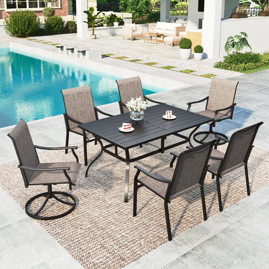 Summit Living 7-Piece Outdoor Patio Dining Set with 2 Swivel Chairs, 4 Fixed Chairs & Rectangular Steel Table with Umbrella Hole for 6 Person, Black & Grayish-brown