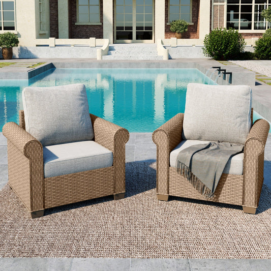 Summit Living 2-Pack Outdoor Wicker Club Lounge Chairs, Patio Furniture Set of 2, Beige Cushions