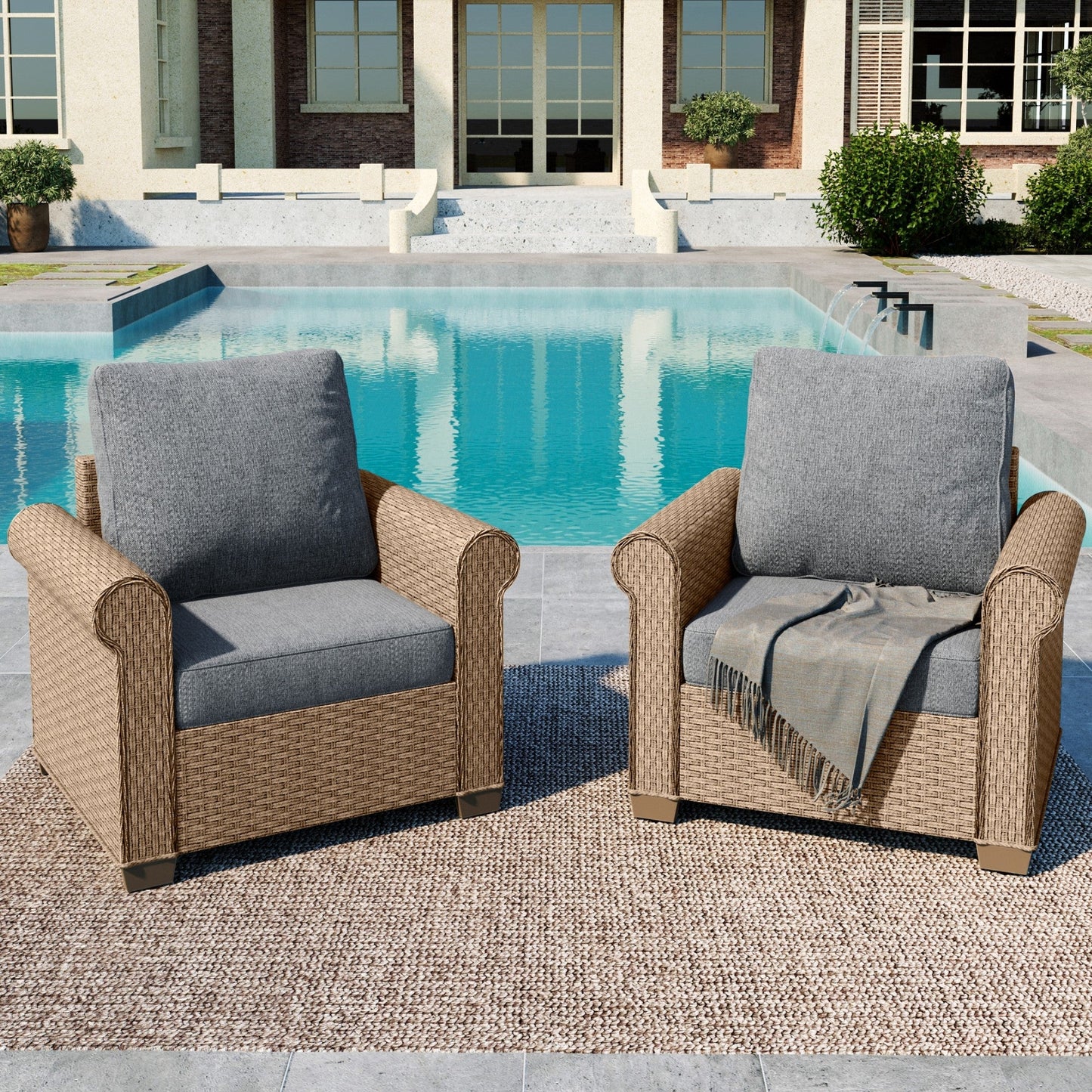 Summit Living 2-Pack Outdoor Wicker Club Lounge Chairs, Patio Furniture Set of 2, Gray Cushions