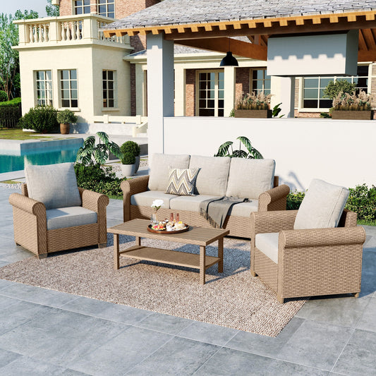 Summit Living 4-Piece Wicker Patio Furniture Set, 5-Seat Rattan Outdoor Furniture Set, Patio  Conversation Set with Double-Tier Coffee Table, Beige