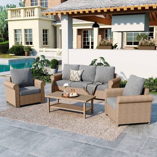Summit Living 4-Piece Wicker Patio Furniture Set, 5-Seat Rattan Outdoor Furniture Set, Patio  Conversation Set with Double-Tier Coffee Table, Gray