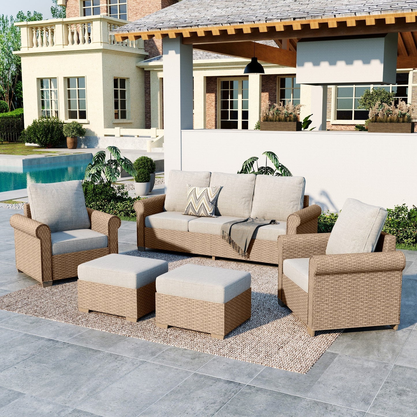 Summit Living 5-Piece Wicker Outdoor Conversation Set, 7-Seat Rattan Outdoor Furniture Set, Patio Furniture Set with 2 Ottomans, Beige