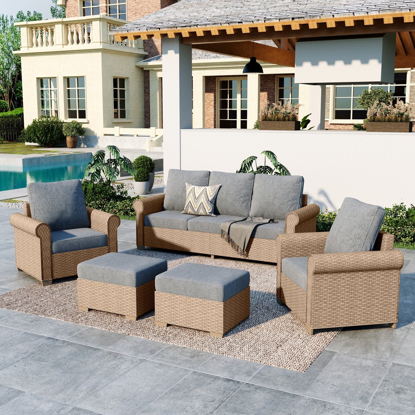 Summit Living 5-Piece Wicker Outdoor Conversation Set, 7-Seat Rattan Outdoor Furniture Set, Patio Furniture Set with 2 Ottomans, Gray