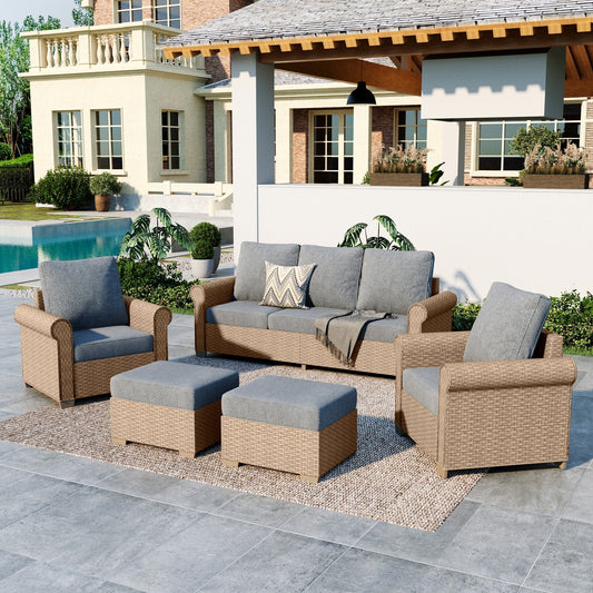 Summit Living 5-Piece Wicker Outdoor Conversation Set, 7-Seat Rattan Outdoor Furniture Set, Patio Furniture Set with 2 Ottomans, Gray