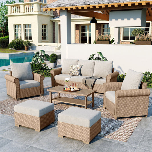 Summit Living 6-Piece Wicker Outdoor Conversation Set, 7-Seat Rattan Patio Furniture Set with 2 Ottomans and Double-Tier Coffee Table