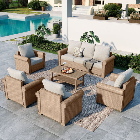 Summit Living 6-Piece Wicker Outdoor Conversation Set, 7-Seat Rattan Patio Furniture Set with Double-Tier Coffee Table, Beige