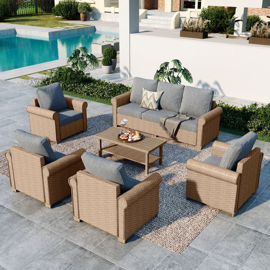 Summit Living 6-Piece Wicker Outdoor Conversation Set, 7-Seat Rattan Patio Furniture Set with Double-Tier Coffee Table, Gray
