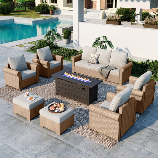 Summit Living 8-Piece Wicker Outdoor Conversation Set, 9-Seat Rattan Outdoor Furniture Set with 56'' Rectangle Fire Pit Table, Beige and Black