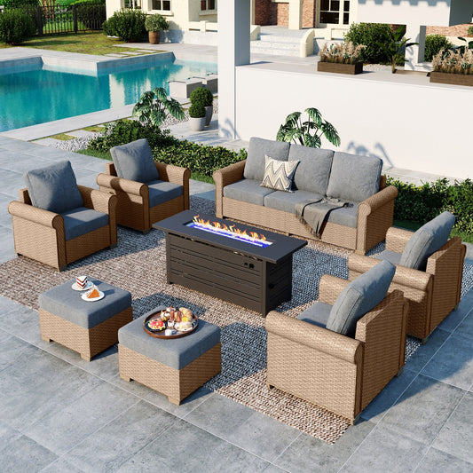Summit Living 8-Piece Wicker Outdoor Conversation Set, 9-Seat Rattan Outdoor Furniture Set with 56'' Rectangle Fire Pit Table, Gray and Black