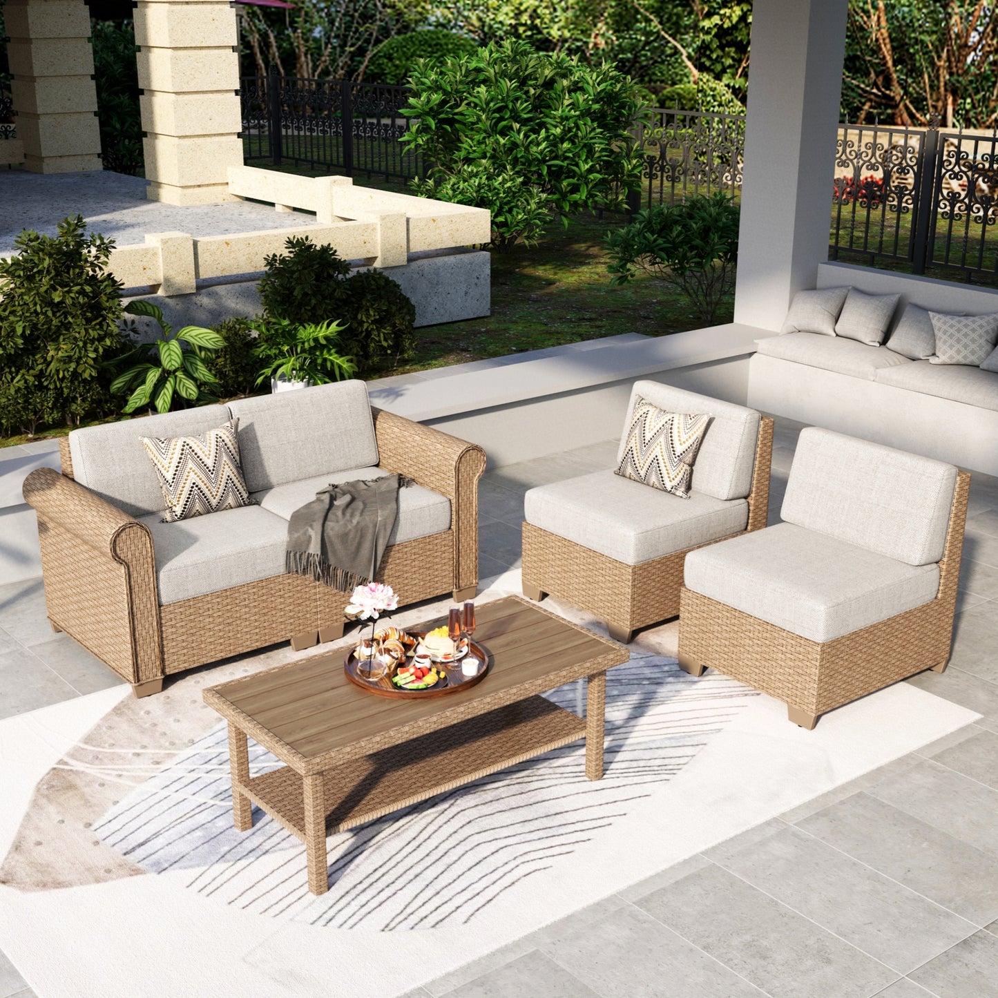 Summit Living 4-Piece Wicker Outdoor Patio Conversation Set with Double-Shelving Faux Wood Coffee Table, Rattan Outdoor Sectional Sofa Set for 4 Person, Beige