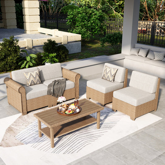 Summit Living 4-Piece Wicker Outdoor Patio Conversation Set with Double-Shelving Faux Wood Coffee Table, Rattan Outdoor Sectional Sofa Set for 4 Person, Beige