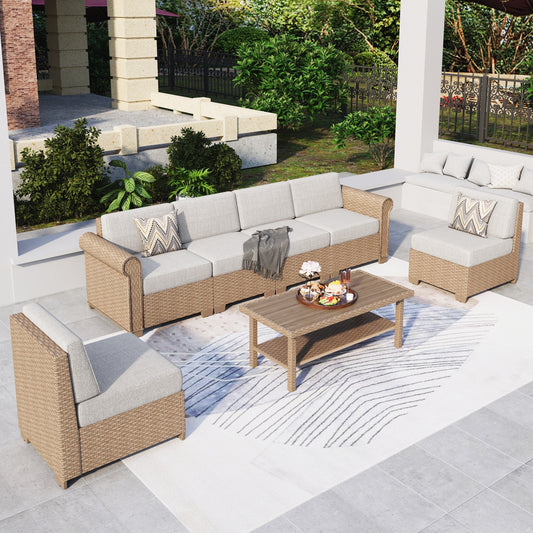 Summit Living 7-Piece Rattan Outdoor Patio Conversation Set with Modular Sofa, Wicker Outdoor Sectional Sofa Set with Faux Wood Coffee Table for 6 People, Beige