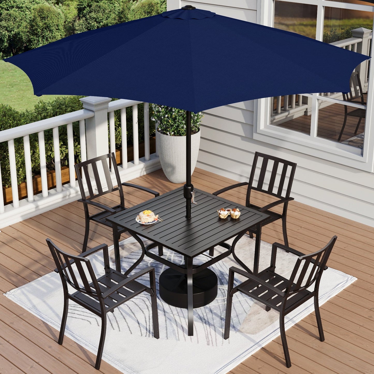 MF Studio 6-Piece Outdoor Patio Dining Set with 9 ft Umbrella, Stacking Chairs & Square Table, Black & Navy Blue
