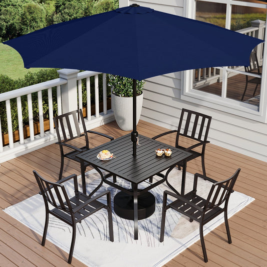 MF Studio 6-Piece Outdoor Patio Dining Set with 9 ft Umbrella, Stacking Chairs & Square Table, Black & Navy Blue