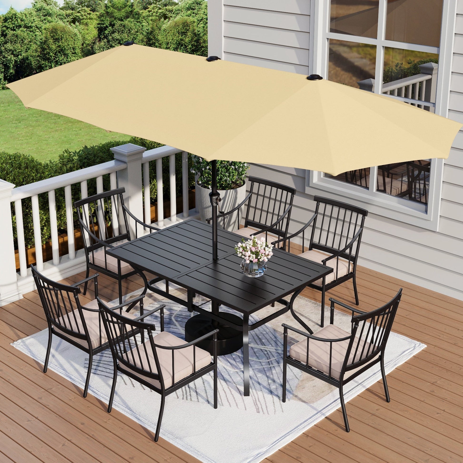 8 foot patio table umbrella MF Studio 8-Piece Outdoor Patio Dining Set with 13 ft Double Sided Umbrella, Cushioned Chairs & 6-Person Table, Black & Beige