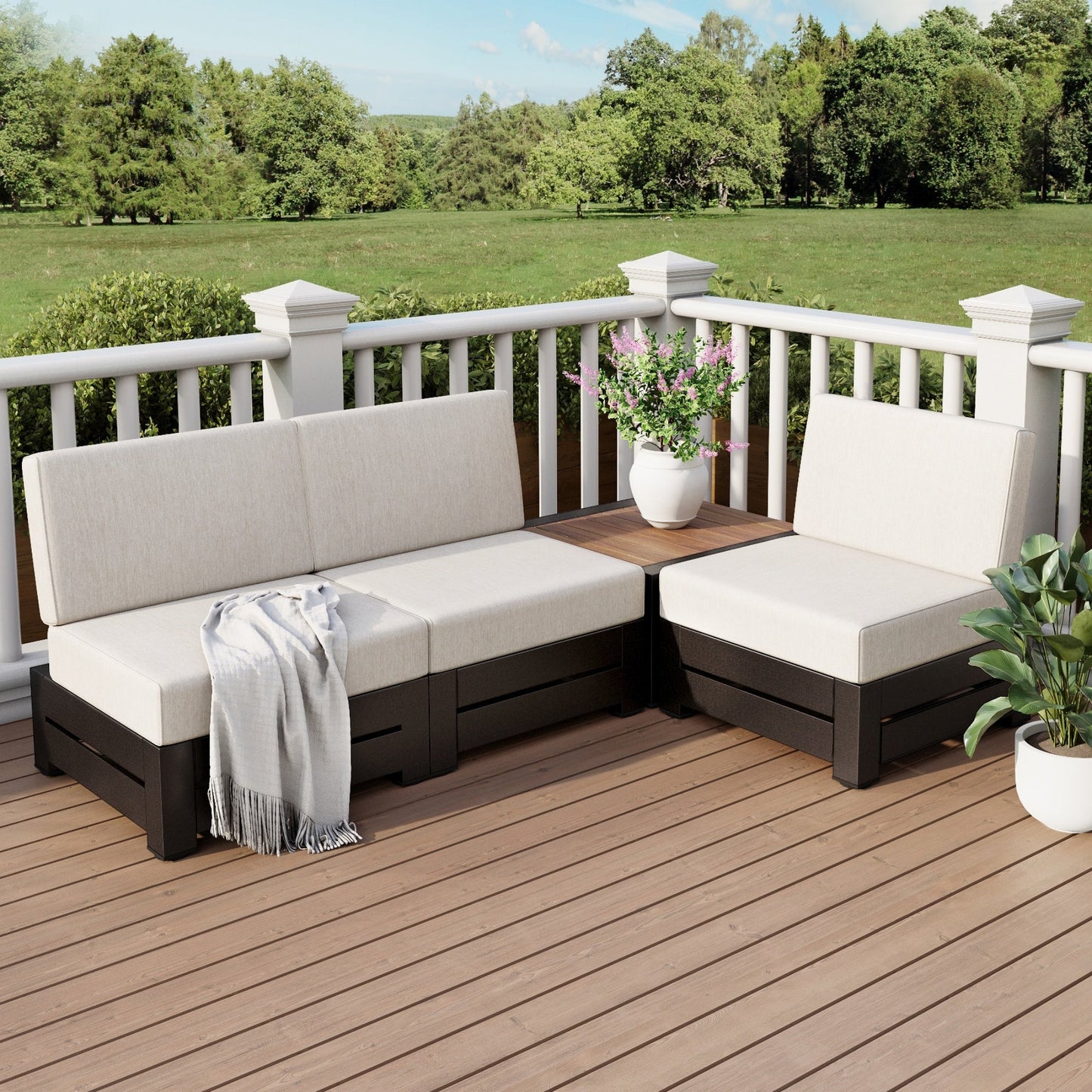 MF Studio 4-Piece Patio Conversation Set, Outdoor Sectional Sofa, Armless Seating Group with Thick Cushions & Wood-grained Table