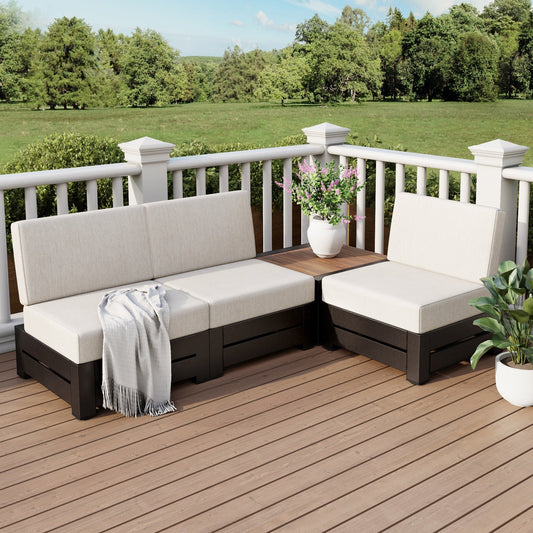 MF Studio 4-Piece Patio Conversation Set, Outdoor Sectional Sofa, Armless Seating Group with Thick Cushions & Wood-grained Table