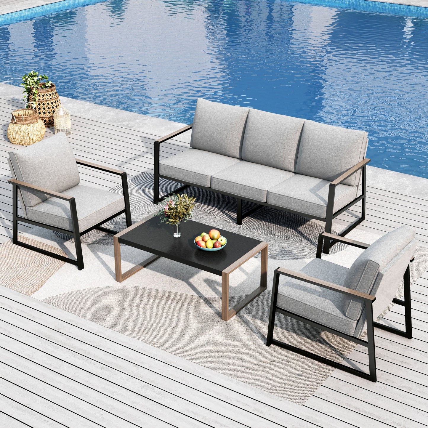 MF Studio 4-Piece Modern Outdoor Patio Furniture Set with All-Weather Cotton-Filled Sling Fabric Sofa Back, Wood-Grain Outdoor Patio Conversation Set with U-Shape Coffee Table, Gray