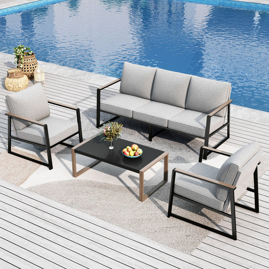 MF Studio 4-Piece Modern Outdoor Patio Furniture Set with All-Weather Cotton-Filled Sling Fabric Sofa Back, Wood-Grain Outdoor Patio Conversation Set with U-Shape Coffee Table, Gray