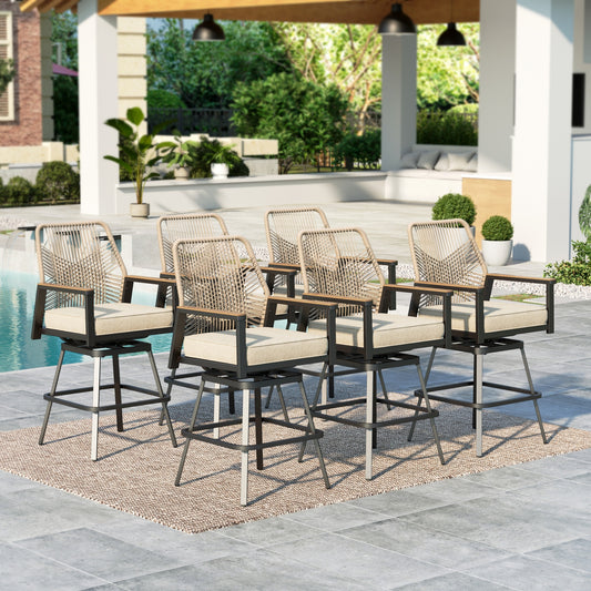 MF Studio Outdoor Bar Stool Set of 6, Swivel Counter Height Patio Chairs with Removable Cushion, All-Weather Rattan Rope Design for Patio, Garden, Kitchen
