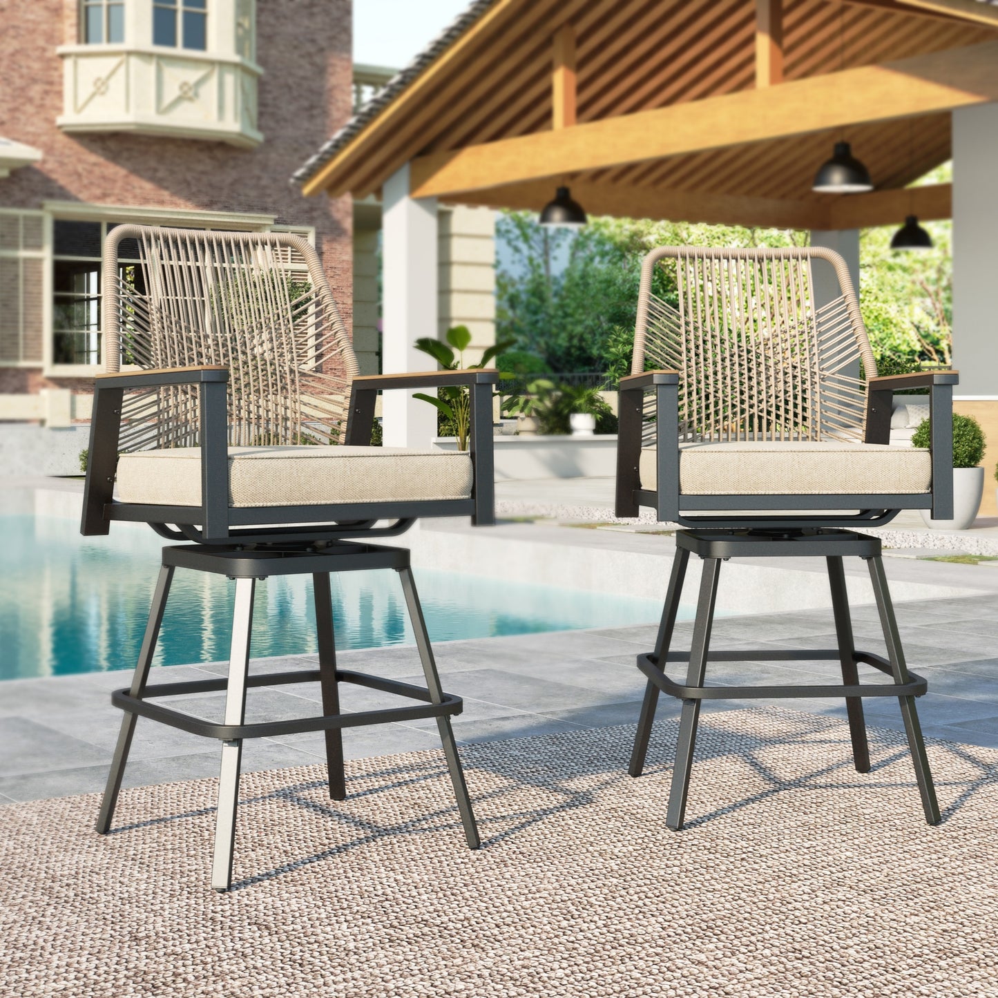 MF Studio Outdoor Bar Stool Set of 2, Swivel Counter Height Patio Chairs with Removable Cushion, All-Weather Rattan Rope Design for Patio, Garden, Kitchen