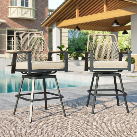 MF Studio Outdoor Bar Stool Set of 2, Swivel Counter Height Patio Chairs with Removable Cushion, All-Weather Rattan Rope Design for Patio, Garden, Kitchen