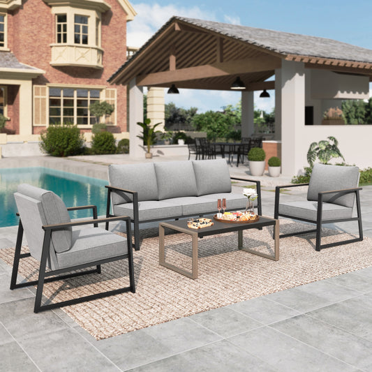 MF Studio 4-Piece Modern Outdoor Patio Furniture Set with All-Weather Cotton-Filled Sling Fabric Sofa Back, Wood-Grain Outdoor Patio Conversation Set with U-Shape Coffee Table, Gray