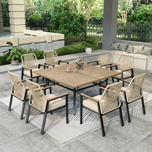 MF Studio 9-Piece Patio Dining Set, 8 Rattan Rope Outdoor Dining Chairs with 60" Wood-Like Square Table, Black and Beige