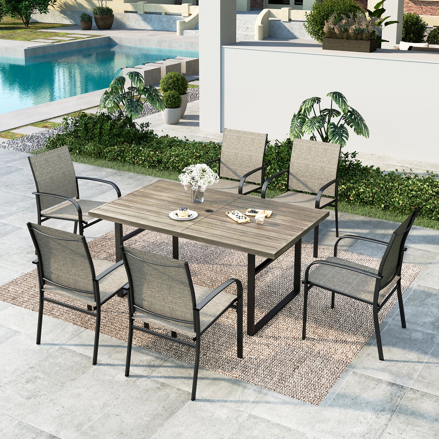 Summit-Living-7-Piece-Outdoor-Patio-Dining-Set-with-6-Pieces-Textilene-Chairs-Rectangular-Steel-Table-with-Umbrella-Hole-Brown
