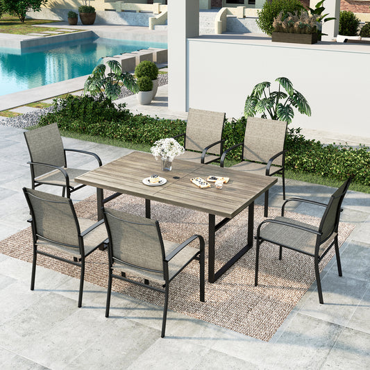 Summit-Living-7-Piece-Outdoor-Patio-Dining-Set-with-6-Pieces-Textilene-Chairs-Rectangular-Steel-Table-with-Umbrella-Hole-Brown