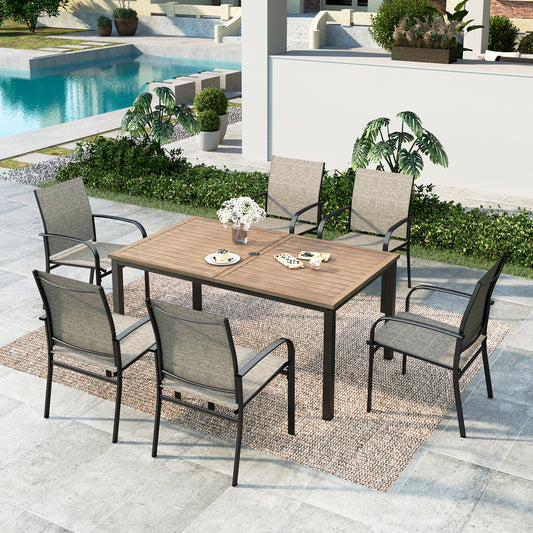 Summit-Living-7-Piece-Outdoor-Patio-Dining-Set-with-6-Pieces-Textilene-Chairs-Rectangular-Steel-Table-with-Umbrella-Hole-Black-Brown