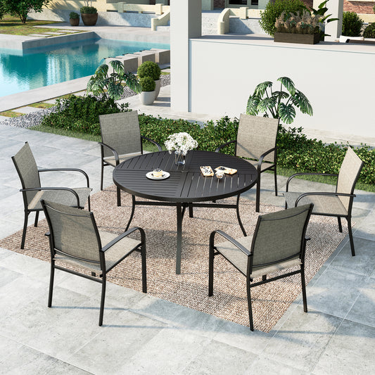 Summit-Living-7-Piece-Outdoor-Patio-Dining-Set-with-6-Pieces-Textilene-Chairs-Round-Steel-Table-with-Umbrella-Hole-Black-Brown