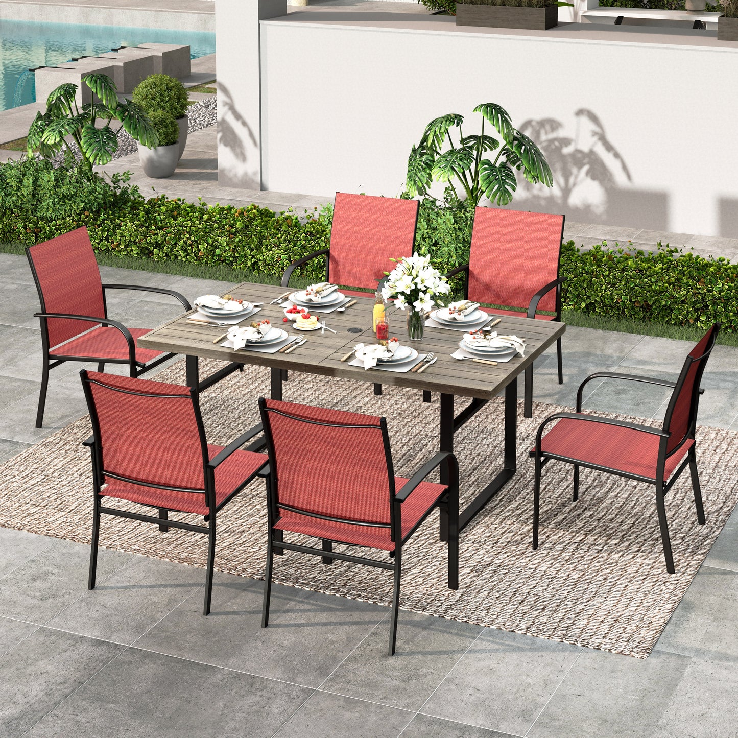 SUMMIT LIVING 7-Piece Outdoor Patio Dining Set with 6 Pieces Textilene Chairs & Rectangular Steel Table with Umbrella Hole, Brown & Red