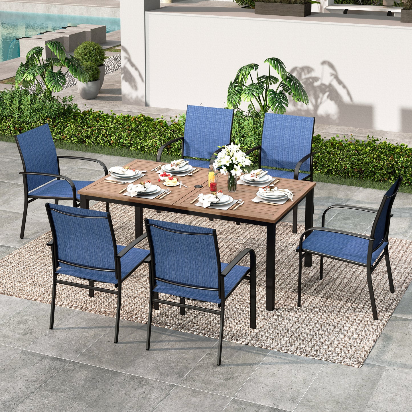 SUMMIT LIVING 7-Piece Outdoor Patio Dining Set with 6 Pieces Textilene Chairs & Rectangular Steel Table with Umbrella Hole, Brown & Blue