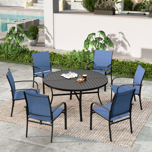 SUMMIT LIVING 7-Piece Outdoor Patio Dining Set with 6 Pieces Textilene Chairs & Round Steel Table with Umbrella Hole, Black & Blue
