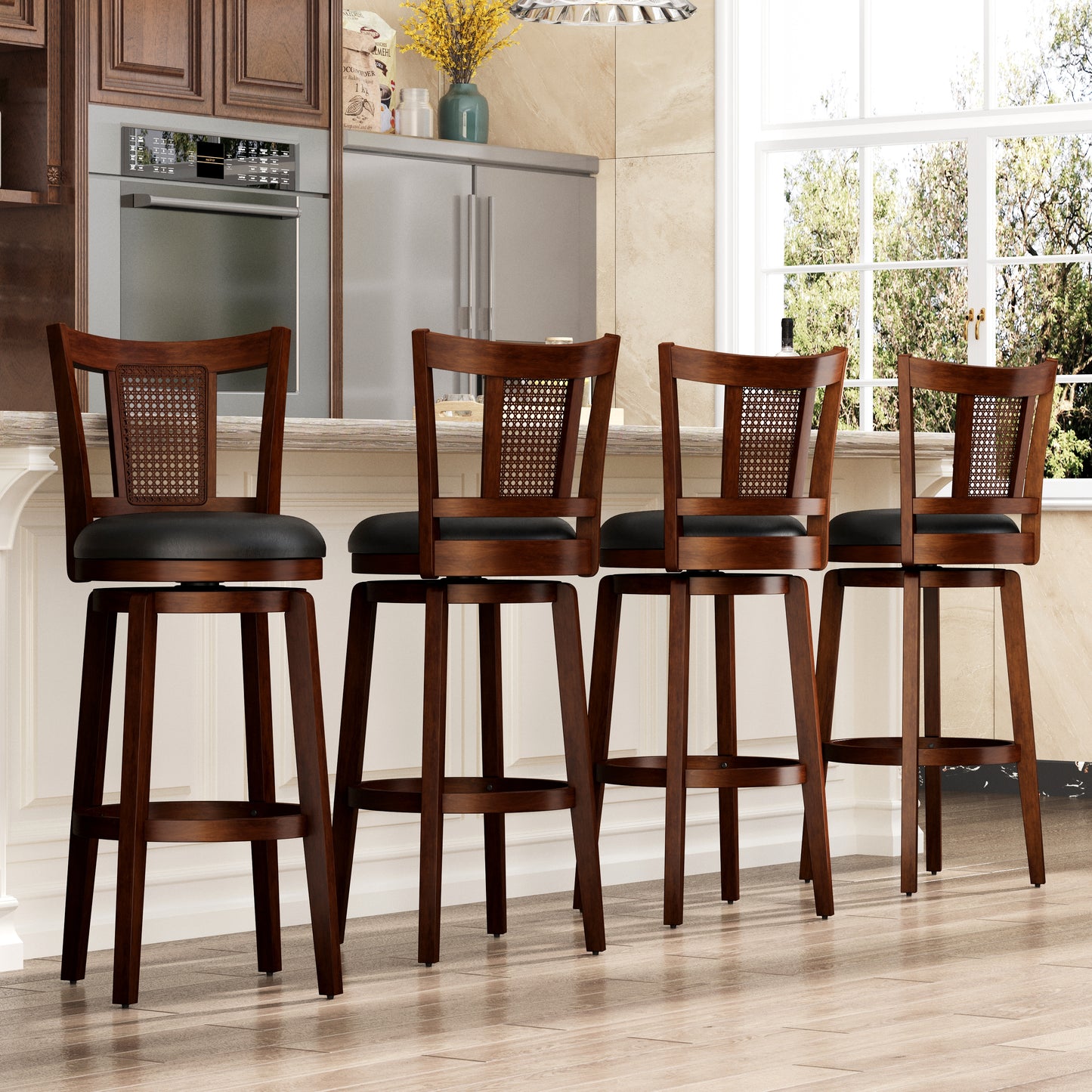 SUMMIT LIVING Wood Swivel Bar Stool Set of 4, Bar Height Kitchen Stool with Back, 30 inch Upholstered Pub Chair, Dark Brown