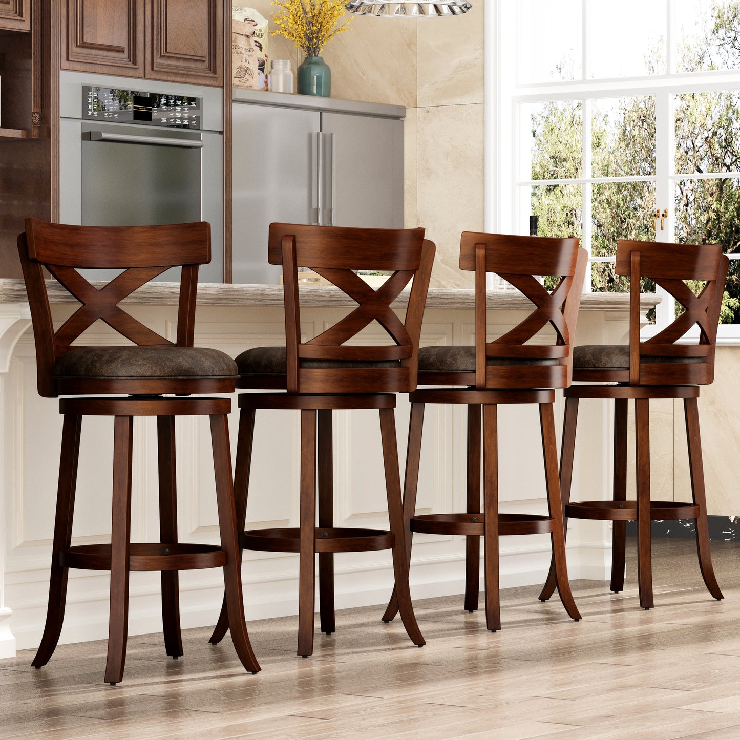 SUMMIT LIVING Wood Swivel Bar Stool Set of 4, Bar Height Kitchen Stool with Open X Back, 30 inch Upholstered Pub Chair, Walnut