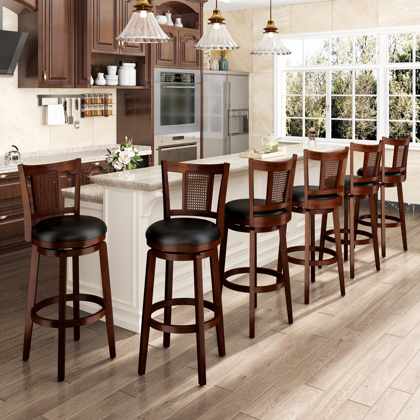 SUMMIT LIVING Wood Swivel Bar Stool Set of 6, Bar Height Kitchen Stool with Back, 30 inch Upholstered Pub Chair, Dark Brown