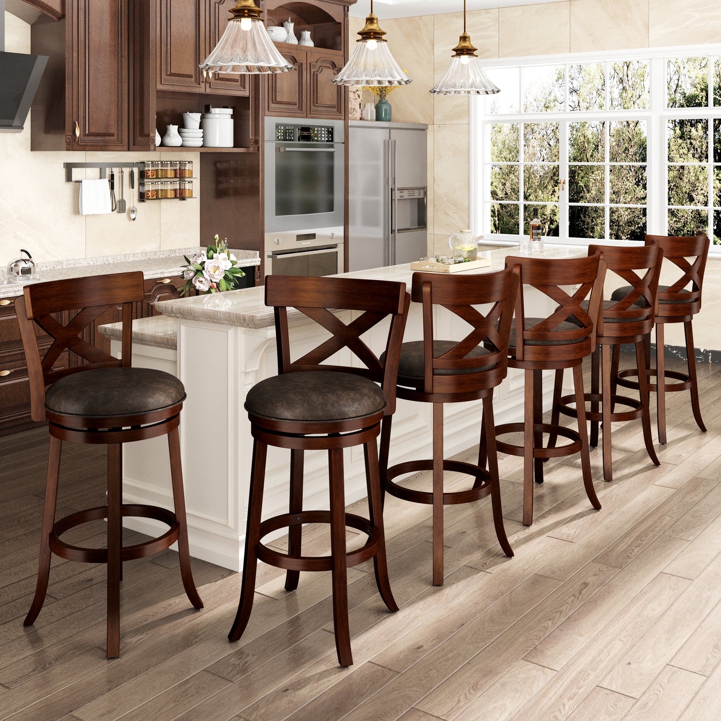 SUMMIT LIVING Wood Swivel Bar Stool Set of 6, Bar Height Kitchen Stool with Open X Back, 30 inch Upholstered Pub Chair, Walnut