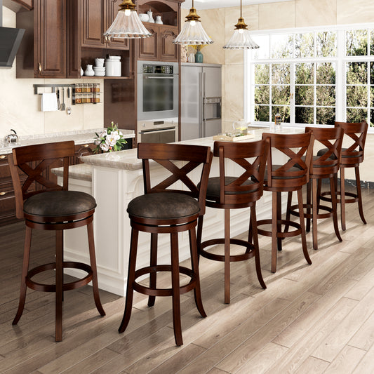 SUMMIT LIVING Wood Swivel Bar Stool Set of 6, Bar Height Kitchen Stool with Open X Back, 30 inch Upholstered Pub Chair, Walnut