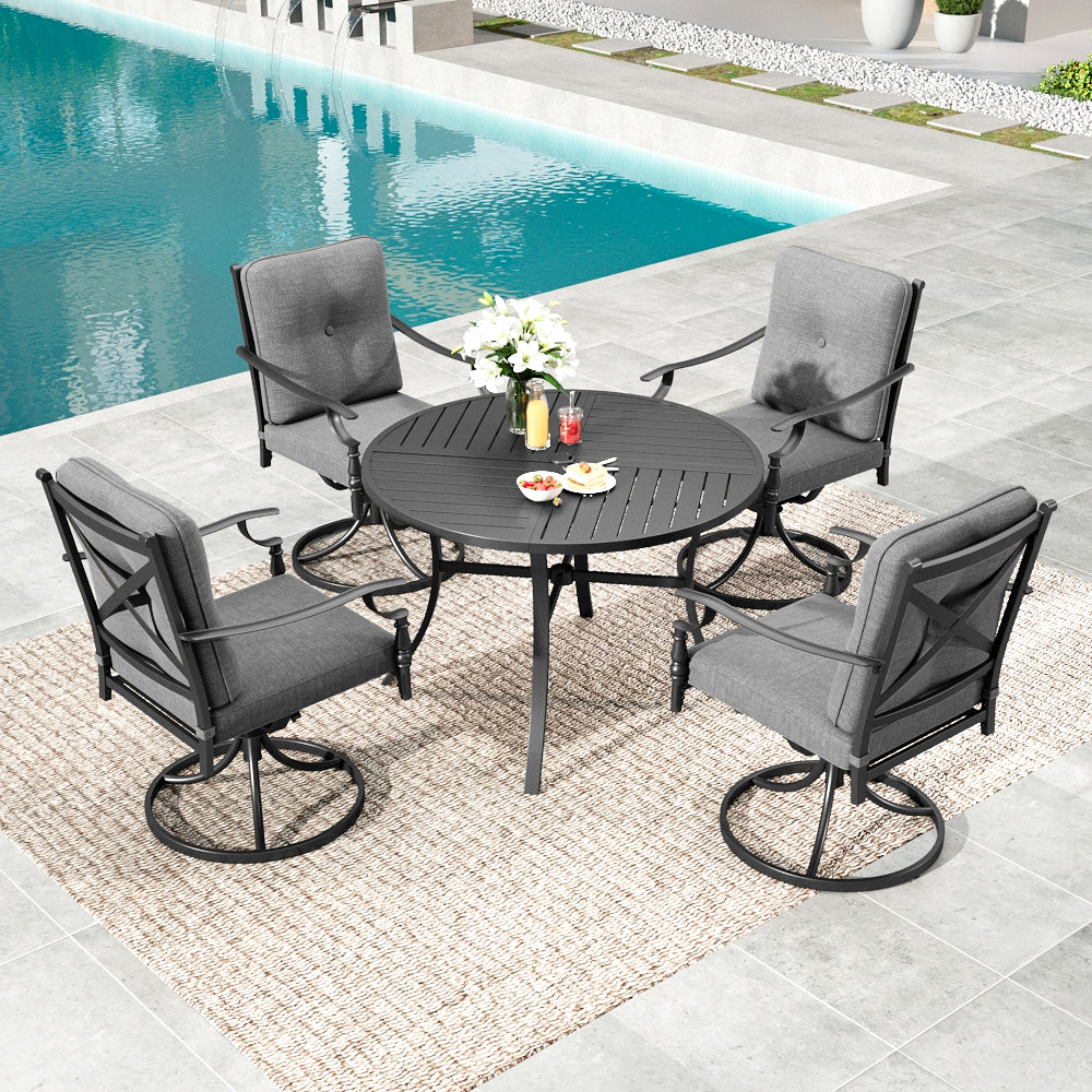 Summit Living 5-Piece Outdoor Patio Dining Set, Round Patio Table and Swivel Cushioned Chairs for 4, Black & Gray