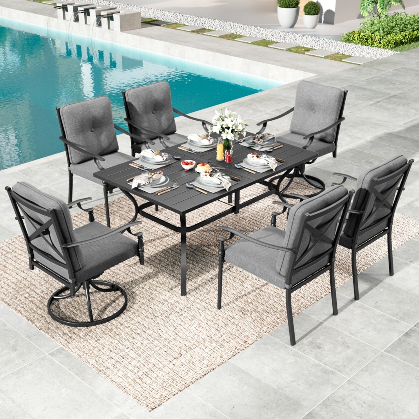 Summit Living Black 7-Piece Metal Outdoor Patio Dining Set with 2 Swivel Chairs, 4 Fixed Chairs & 60” Patio Table with Umbrella Hole for 6, Gray Cushion